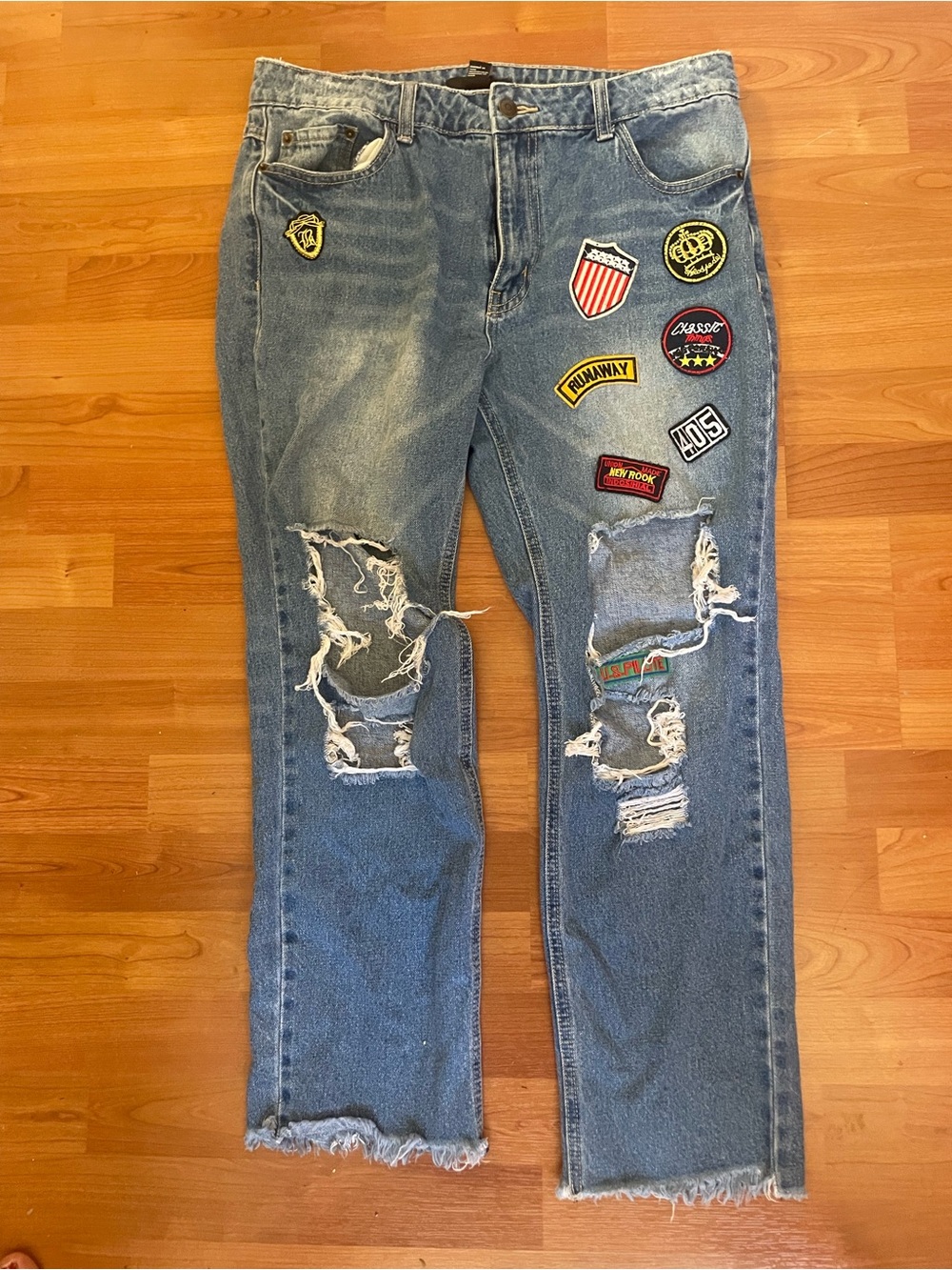 Forever 21 Blue Straight-Leg Jeans with Patchwork Patches